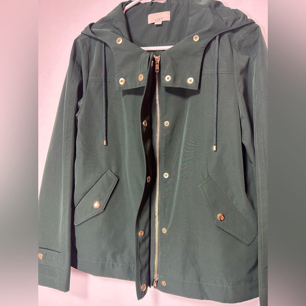 LOFT Dark Green Hooded Jacket with Gold Accents - Picture 2 of 12